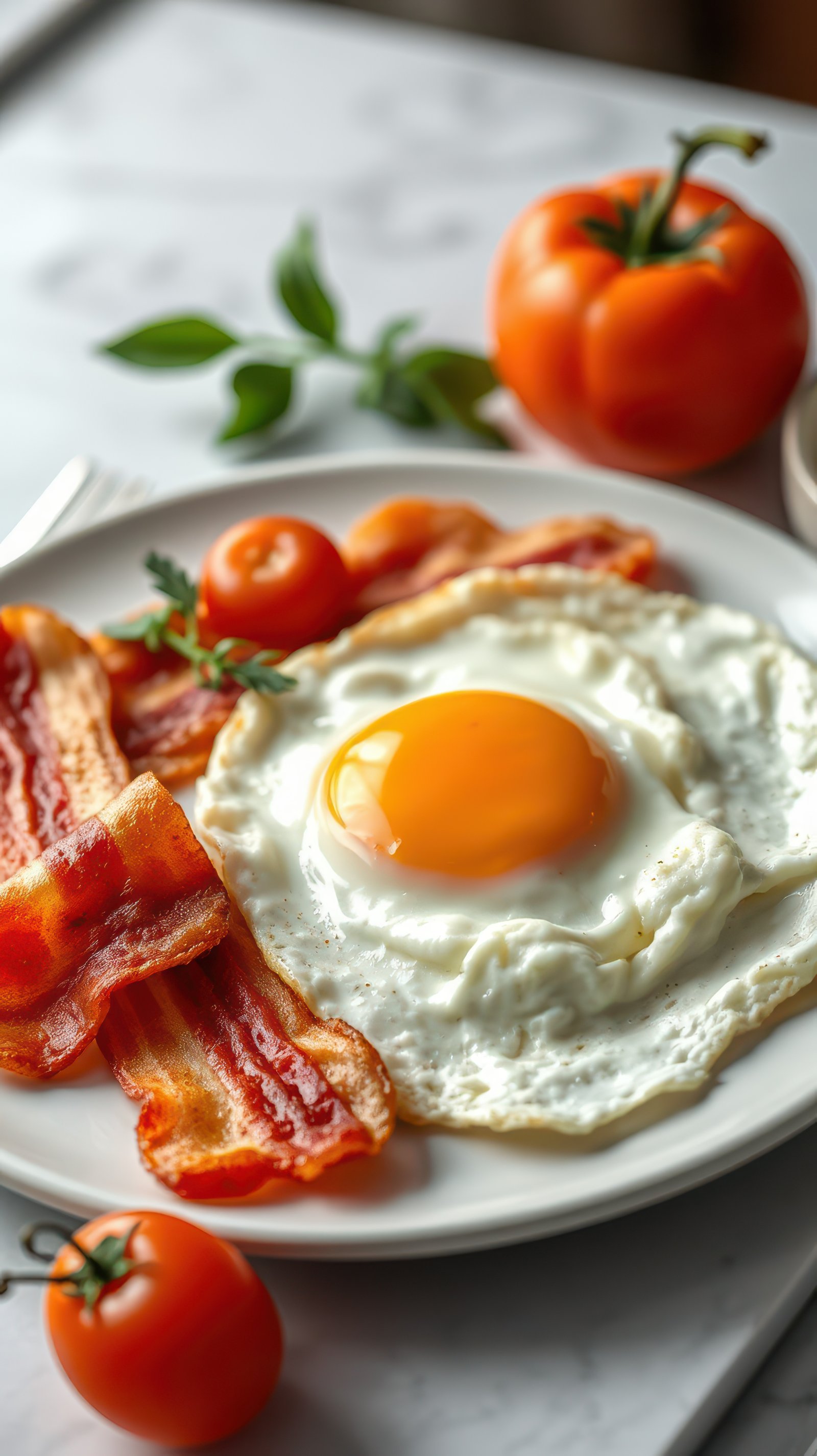 Breakfast plate with fried egg, crispy bacon, and fresh tomatoes on a white dining table